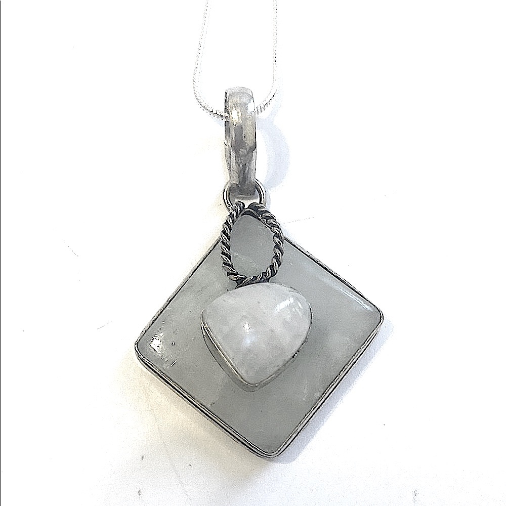 1 inch, Hemimorphite and Moonstone pendant on silver chain .